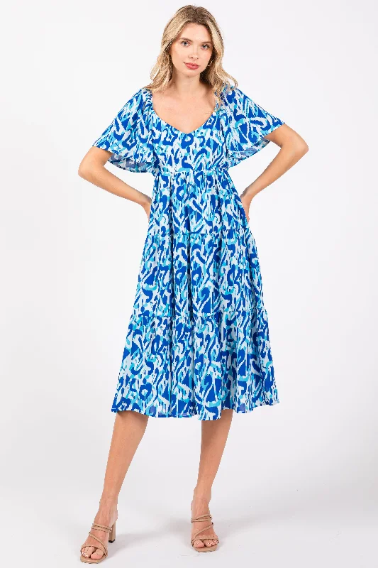 Blue Printed Lace Up Back Dress