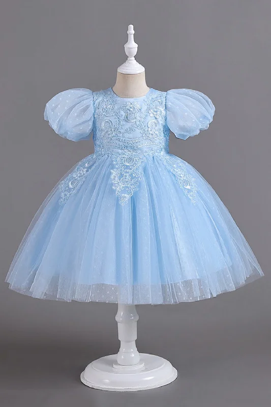 Blue Round Neck Puff Sleeves Girls Dresses