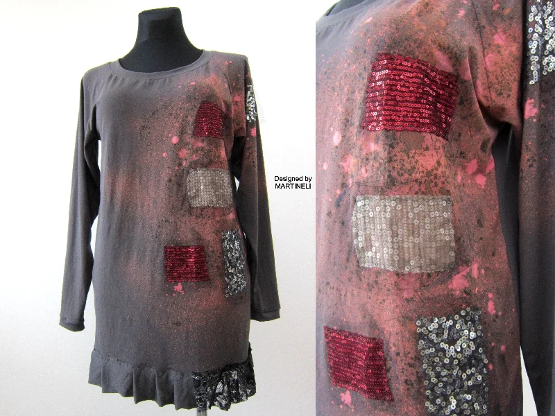Gray Short Cotton Dress M/L Casual Prom Sequins Dress