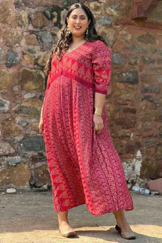 Plus Size Red Ethnic Print Anarkali Dress