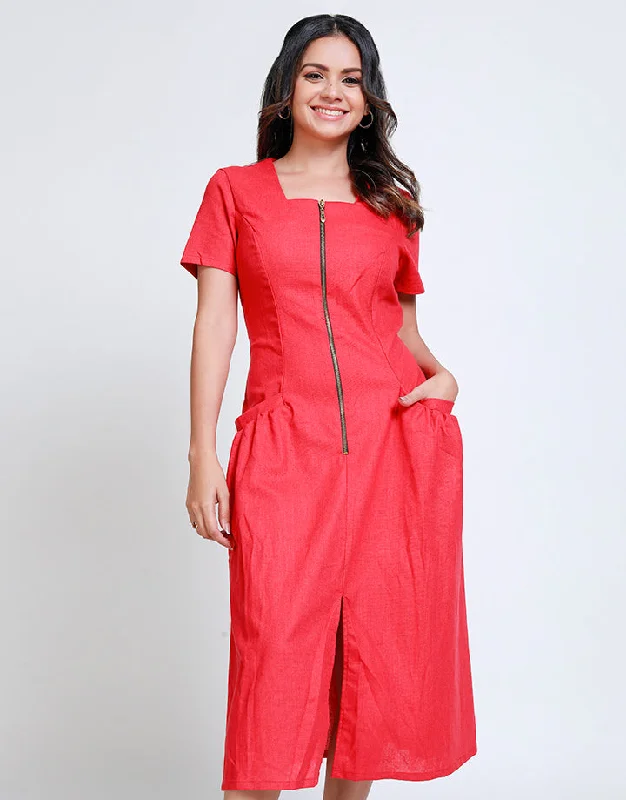Square Neck Dress with Front Pockets