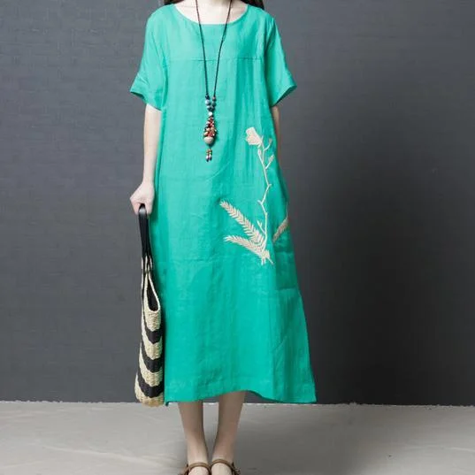 stylish green  long linen dresses trendy plus size side open linen clothing dresses Elegant o neck gown