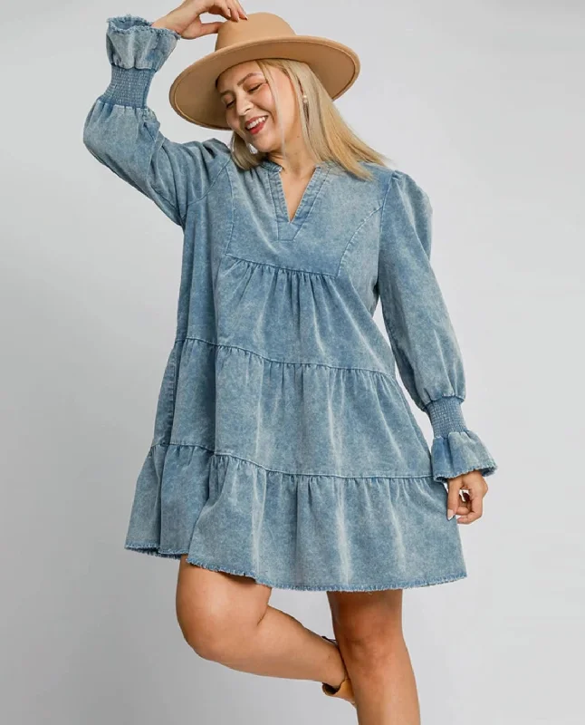 Plus Tiered Stone Washed V-Neck Dress