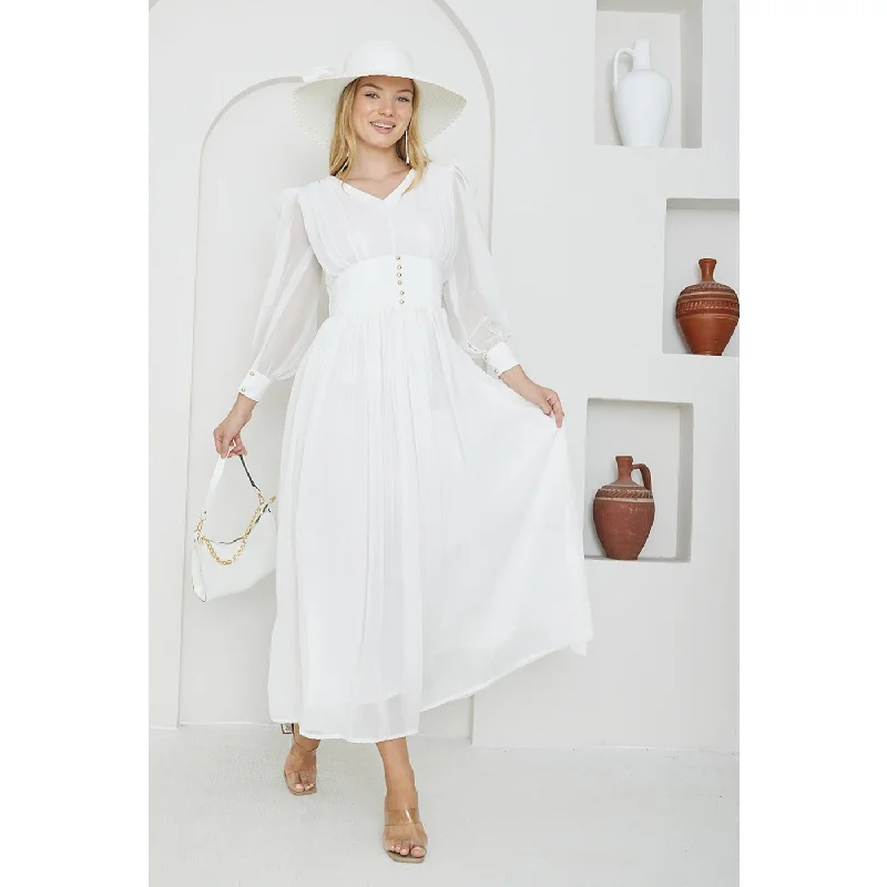 White Chiffon Corset Puff Sleeves Dress