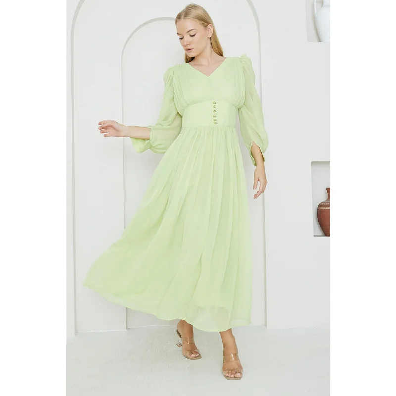 Green Chiffon Corset Puff Sleeves Dress