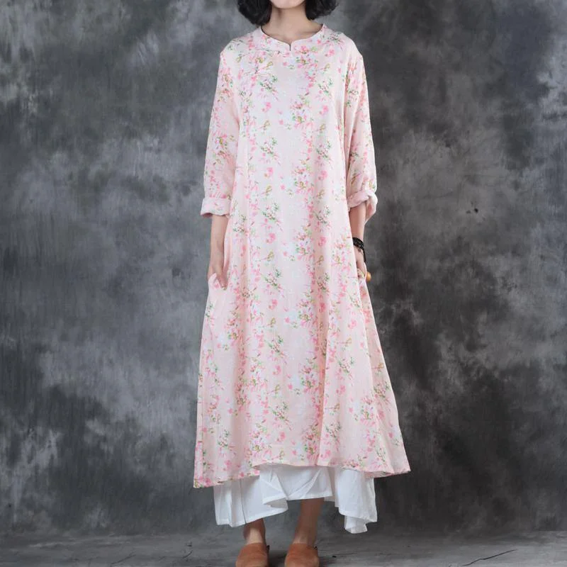 Women Light Pink Cotton Dress Trendy Plus Size Stand Collar Cotton Clothing Dresses Women Button Kaftans