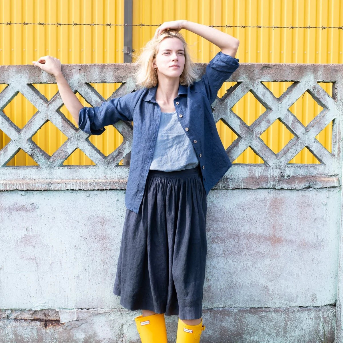 1950 CITY LINEN SKIRT-INDIGO tiered skirt playful