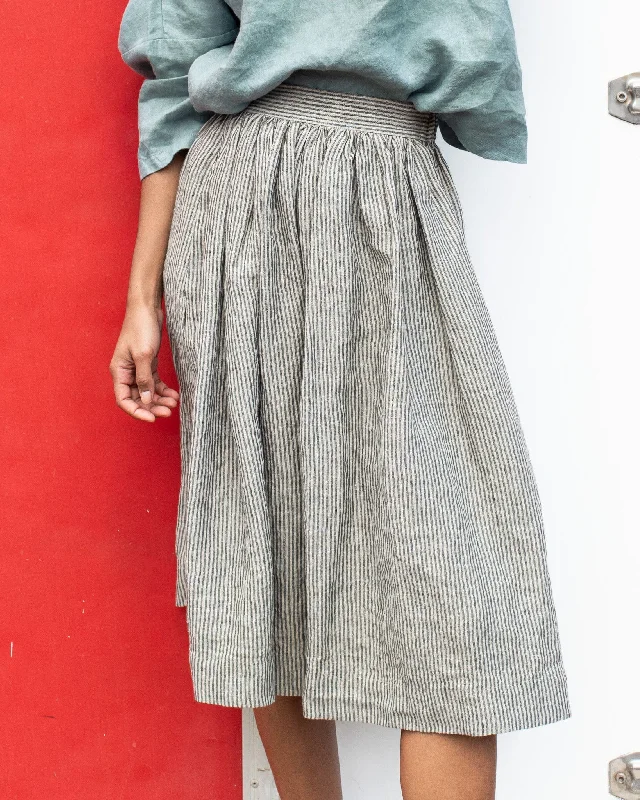 1950 CITY LINEN SKIRT-NATURAL GREY STRIPES asymmetrical skirt cut