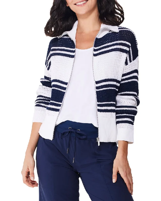 Nic+Zoe Mixed Stripe Zip Front Sweater Jacket Satin Fabric Silk Fabric Chiffon Fabric