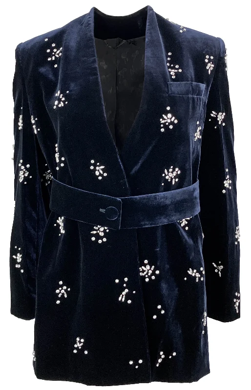 Del Core Exclusive Crystal-Embellished Velvet Jacket in Deep Blue Satin Jacket Silk Jacket Chiffon Jacket Del Core Exclusive Crystal-Embellished Velvet Jacket in Deep Blue Satin Jacket Silk Jacket Chiffon Jacket