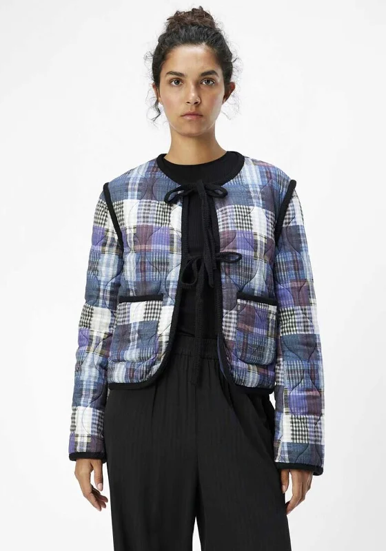 Object Pil Checkered Quilted Jacket, Blue Trench Coat Raincoat Waterproof Jacket