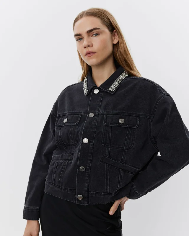 QUINNSW JACKET - Black Boat Neck Shawl Collar Notched Collar