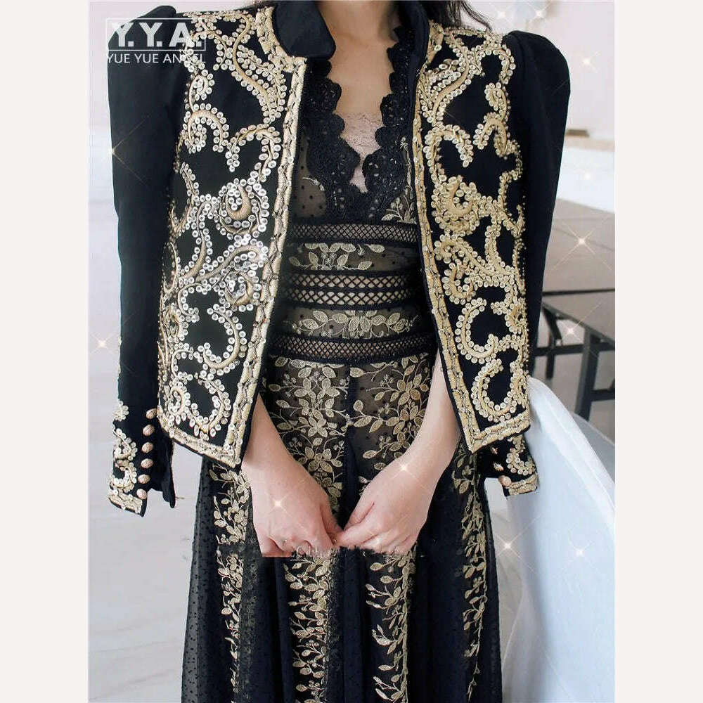Vintage Court Style Embroidery Women Jacket Stand Collar Beaded Sequin Woolen Short Coat Long Sleeve Black Luxury Party Jackets Wool Jacket Cashmere Jacket Tweed Jacket