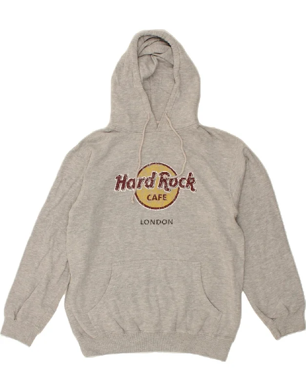 HARD ROCK CAFE Mens London Graphic Hoodie Jumper Large Grey Cotton Hoodie with Turtle Neck Cozy Winter