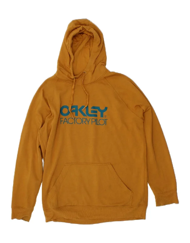 OAKLEY Mens Graphic Hoodie Jumper Large Yellow Polyester Hoodie with V-Neck Classic Versatile