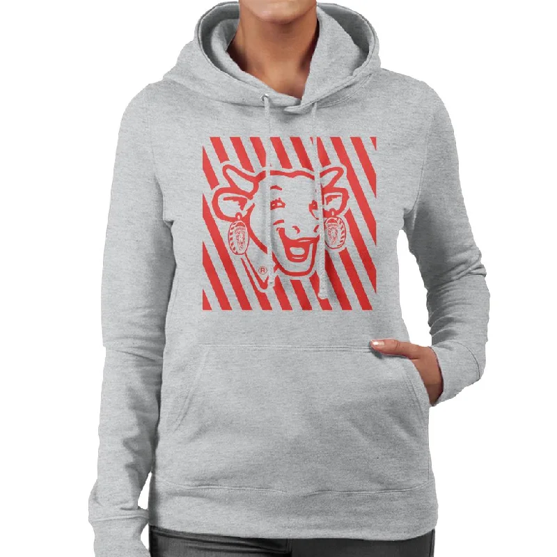 The Laughing Cow Red Stripes Women's Hooded Sweatshirt Hoodie with Hem Drawcord Adjustable Customizable The Laughing Cow Red Stripes Women's Hooded Sweatshirt Hoodie with Hem Drawcord Adjustable Customizable