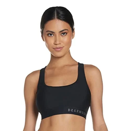 Under Armour womens HeatGear Armour Mid Impact Crossback Sports Bra , Black (001)/Graphite , X-Small Breathable Full Coverage Under Armour womens HeatGear Armour Mid Impact Crossback Sports Bra , Black (001)/Graphite , X-Small Breathable Full Coverage