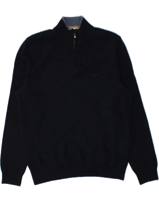 HUGO BOSS Womens Zip Neck Jumper Sweater UK 16 Large Navy Blue Virgin Wool Stylish Fashionable Trendy HUGO BOSS Womens Zip Neck Jumper Sweater UK 16 Large Navy Blue Virgin Wool Stylish Fashionable Trendy