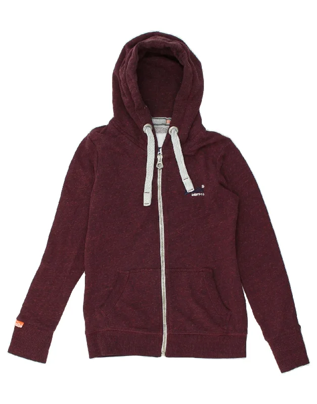 SUPERDRY Womens Zip Hoodie Sweater UK 10 Small Maroon Flecked Cotton Long Sweater Short Sweater Cropped Sweater