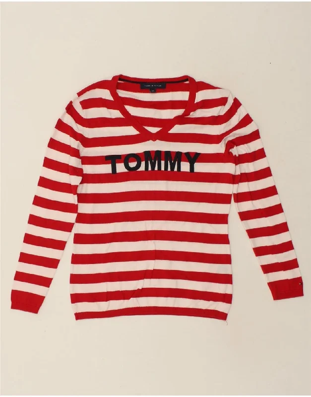 TOMMY HILFIGER Womens Graphic V-Neck Jumper Sweater UK 10 Small Red Oversized Loose Flowy TOMMY HILFIGER Womens Graphic V-Neck Jumper Sweater UK 10 Small Red Oversized Loose Flowy