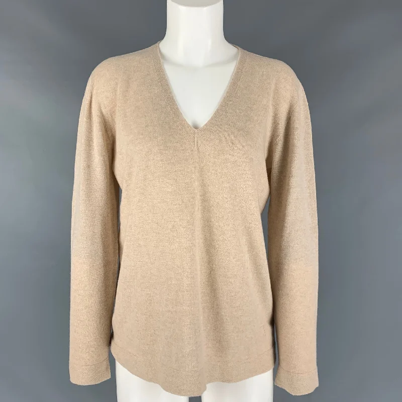 AKRIS Size 6 Beige Cashmere V-Neck Pullover Chunky Knit Pullover
