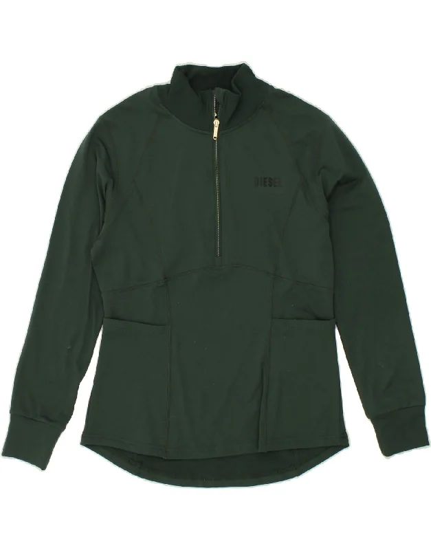 DIESEL Womens Zip Neck Pullover Tracksuit Top UK 14 Medium Green V-Neck Stylish Pullover