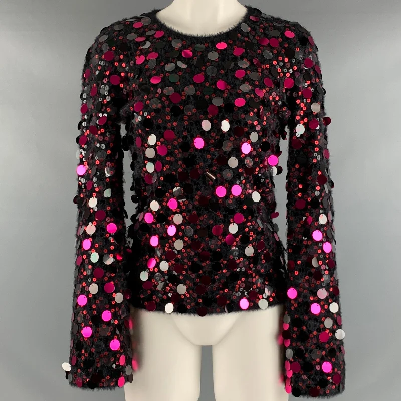 EMPORIO ARMANI Size S Black Pink Knit Payettes Crew Neck Pullover Shawl Collar Sweater