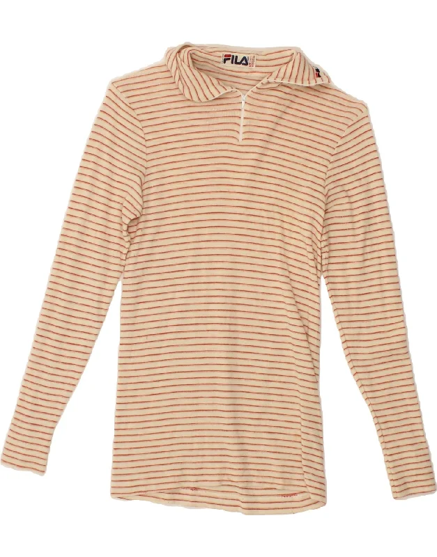 FILA Womens Zip Neck Pullover Tracksuit Top UK 4 XS Beige Striped Wide Sleeve Pullover