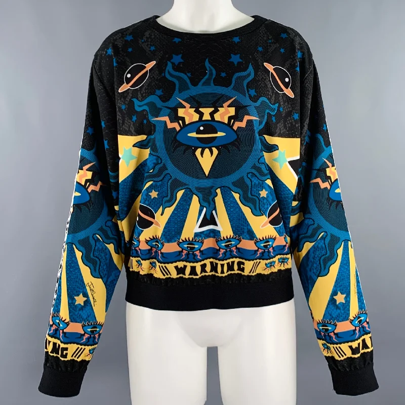 JUST CAVALLI Size 8 Blue Black Yellow Polyester Blend Pullover Bishop Sleeve Elegant