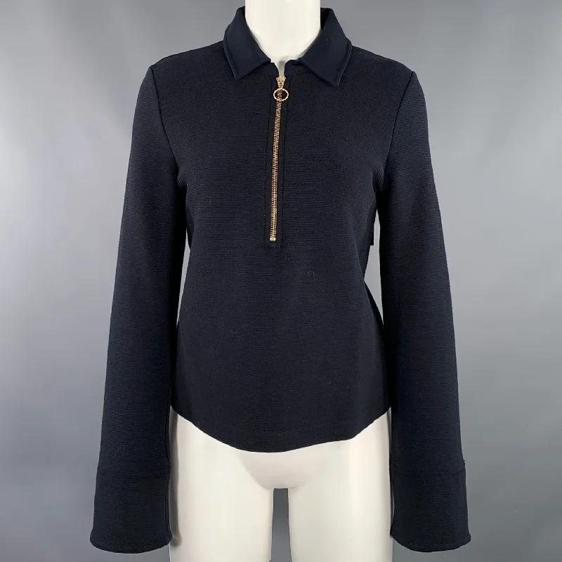 ME+EM SS22 Size 6 Navy Gold Cotton Blend Ribbed Half Placket Pullover Short Sleeve Top