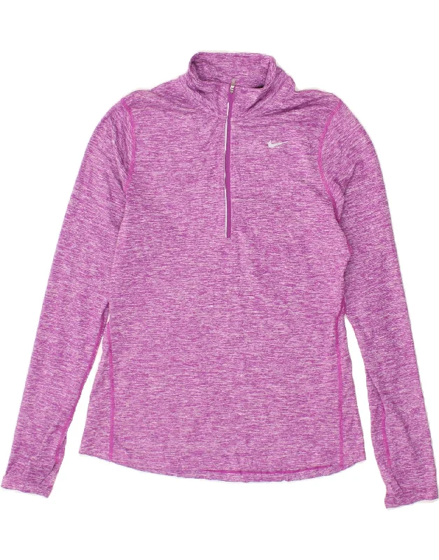 NIKE Womens Dri Fit Zip Neck Pullover Tracksuit Top UK 14 Medium Purple Shawl Collar Sweater