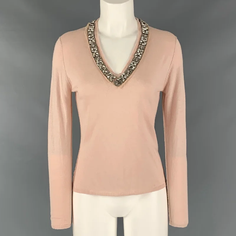 ROBERTO CAVALLI Size M Pink Cashmere Silk Rhinestones V-Neck Pullover Turtleneck Warm Pullover