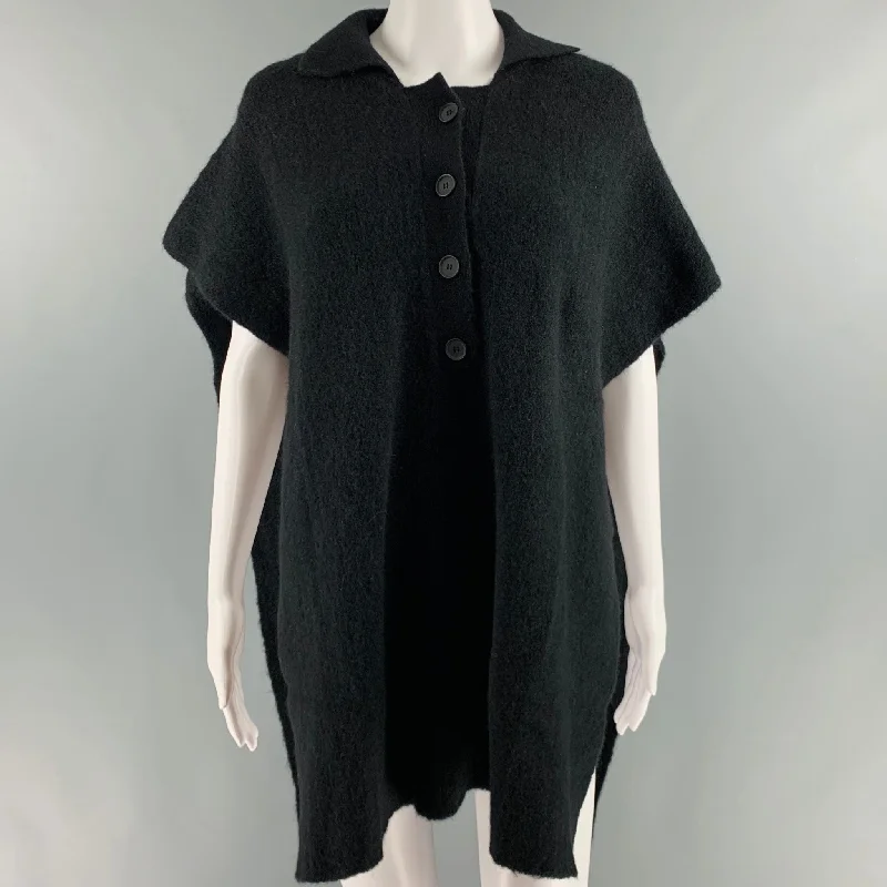 RUS Size S Black Merino Wool Button Down Poncho Pullover Slouchy Comfort Pullover