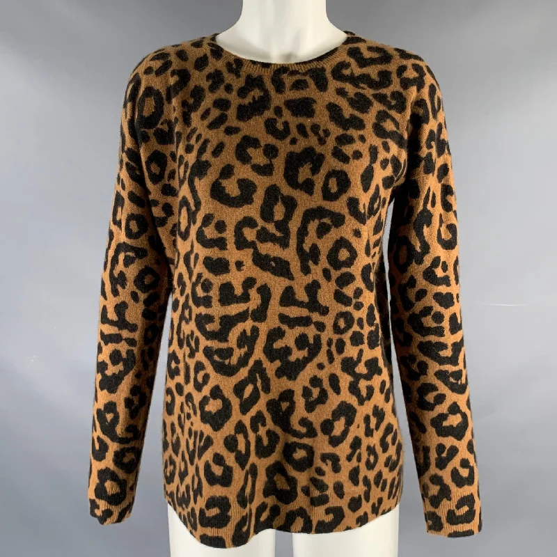 SAKS FIFTH AVENUE Size S Brown Black Cashmere Animal Print Pullover Angora Wool Cozy
