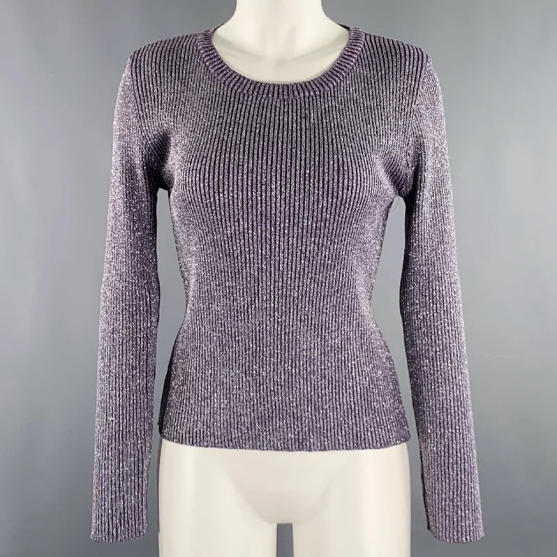 VINTAGE Size S Purple Silver Ribbed Long Sleeve Pullover Blouson Sleeve Pullover